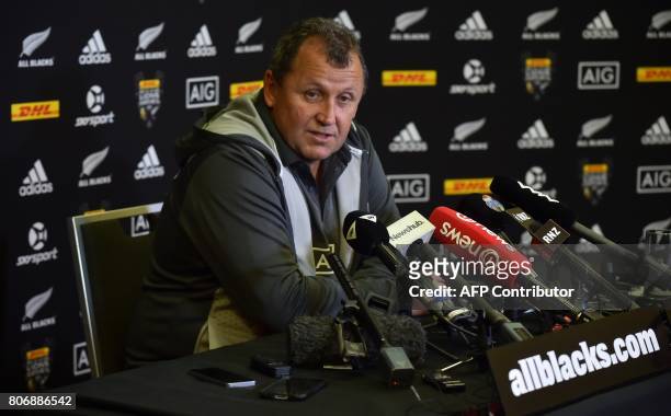 New Zealand All Blacks assistant coach Ian Foster speaks at a press conference ahead of the third Test rugby match against the British and Irish...