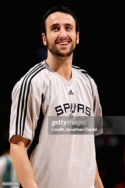 Manu Ginobili of the San Antonio Spurs laughs before the game against the Milwaukee Bucks on March 1, 2008 at the Bradley Center in Milwaukee,...