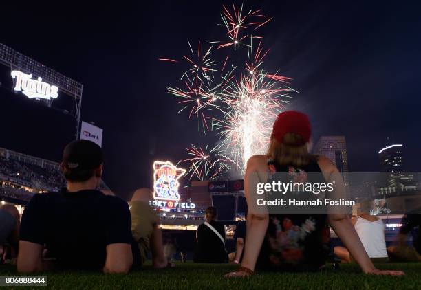 The Minnesota Twins set off fireworks in honor of the the Fourth of July after the game against the Los Angeles Angels of Anaheim on July 3, 2017 at...