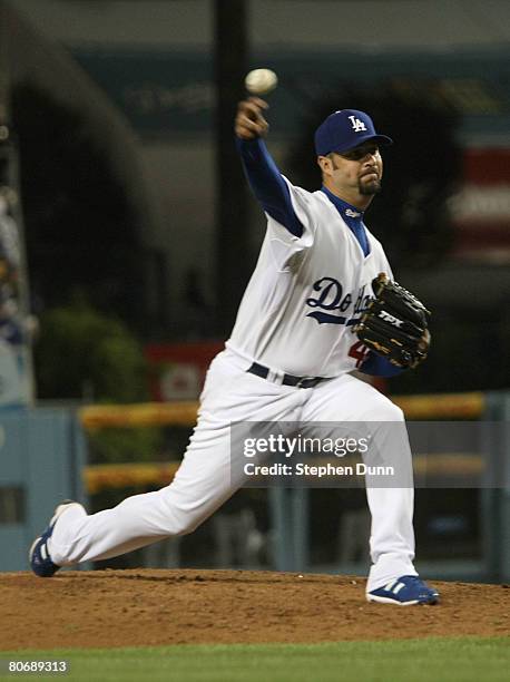 Esteban Loaiza of the Los Angeles Dodgers throws a pitch against the Pittsburgh Pirates on April 15,2008 at Dodger Stadium in Los Angeles,...