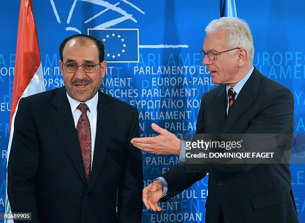 Hans-Gert Poettering of Germany, President of the European Parliament welcomes Nouri Al-Maliki, Prime Minister of Iraq on April 16 before a bilateral...