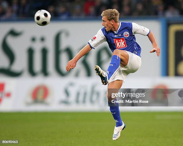 Christian Rahn of Rostock in action during the Bundesliga match between Hansa Rostock and Werder Bremen at the DKB Arena on April 15, 2008 in...