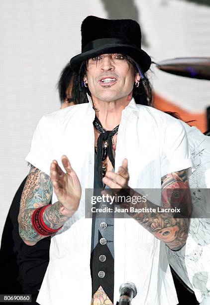 Drummer of "Motley Crue" Tommy Lee speaks at the press conference announcing "Crue Fest 2008: The Summer's Loudest Show on Earth" held at Avalon...