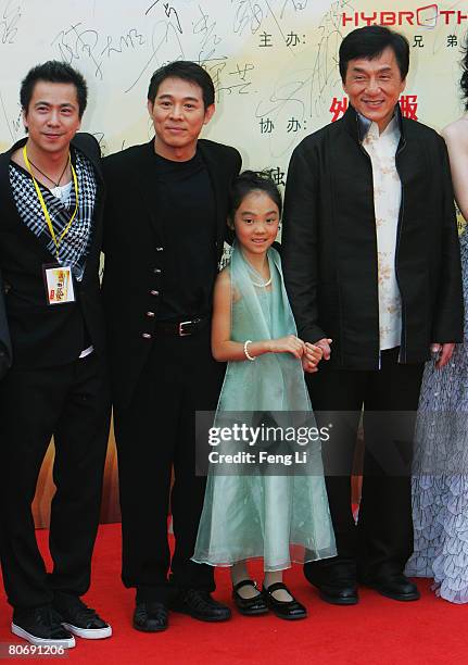 Actor Jet Li, Jet Li's daughter and actor Jackie Chan attend the world premiere Of "The Forbidden Kingdom" on April 16, 2008 in Beijing, China.