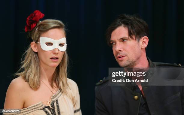 Taylor Ferguson plays the role of Hellena, and Toby Schmitz the role of Willmore, during a media call for Belvoir Theatre's new production 'Rover' at...