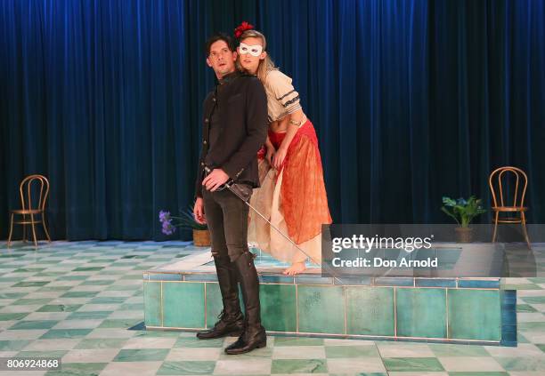 Taylor Ferguson plays the role of Hellena, and Toby Schmitz the role of Willmore, during a media call for Belvoir Theatre's new production 'Rover' at...