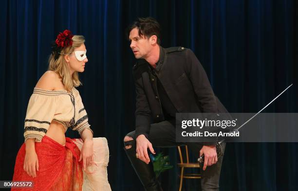 Taylor Ferguson plays the role of Hellena, and Toby Schmitz the role of Willmore, during a media call for Belvoir Theatre's new production 'Rover' at...
