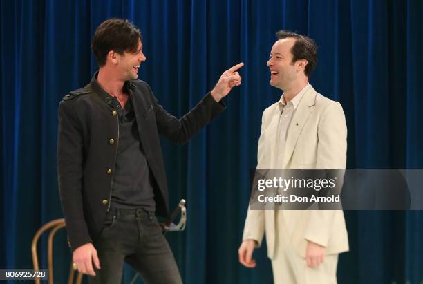 Toby Schmitz performs the role of Willmore, and Gareth Davies the role of Ned Blunt,during a media call for Belvoir Theatre's new production 'Rover'...