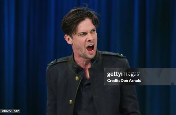 Toby Schmitz performs the role of Willmore, during a media call for Belvoir Theatre's new production 'Rover' at Belvoir Street Theatre on July 4,...