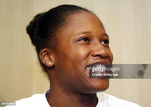 Lauryn Williams, the 2004 Olympic silver medallist in the 100 meters, at the Prefontaine Classic press conference at the Valley River Inn in Eugene,...
