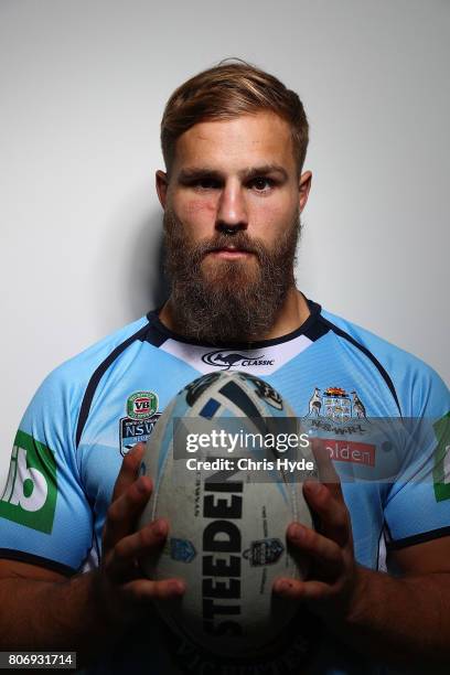 Jack de Belin poses during the New South Wales Blues State of Origin media opportunity at Salt Beach on July 4, 2017 in Kingscliff, Australia.