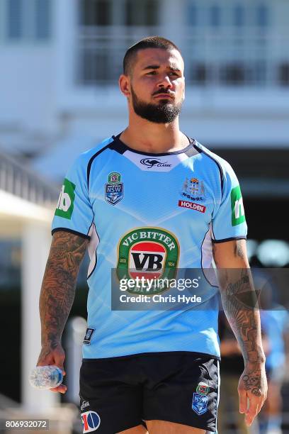 Nathan Peats arrives for the New South Wales Blues State of Origin media opportunity at Salt Beach on July 4, 2017 in Kingscliff, Australia.