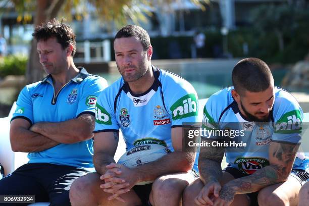 Coach Laurie Daley, Boyd Cordner and Nathan Peats during the New South Wales Blues State of Origin media opportunity at Salt Beach on July 4, 2017 in...