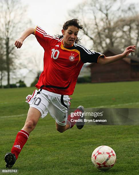 Sofia Nati of Germany in action during the U15 Women's international friendly match between England and Germany at The National Sports Centre on...
