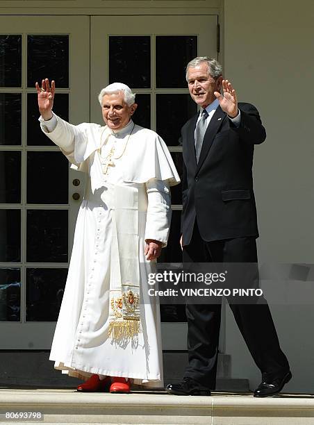 President George W. Bush welcomes Pope Benedict XVI to the White House April 16, 2008 in Washington, DC. The Pope Wednesday urged Bush to use...