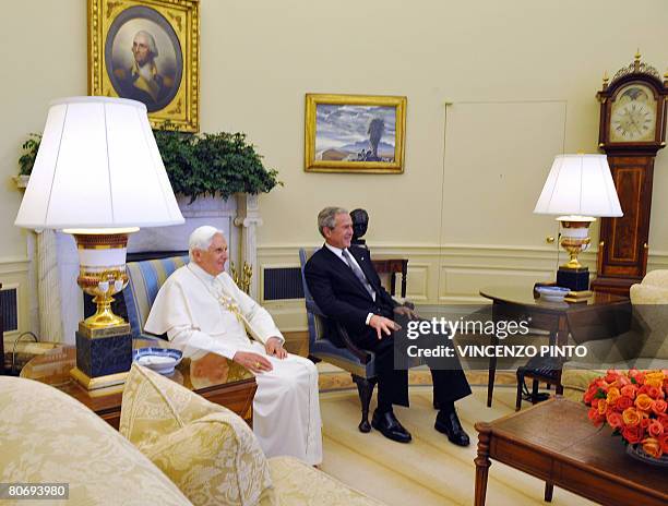 President George W. Bush welcomes Pope Benedict XVI to the Oval Office of the White House April 16, 2008 in Washington, DC. The Pope Wednesday urged...