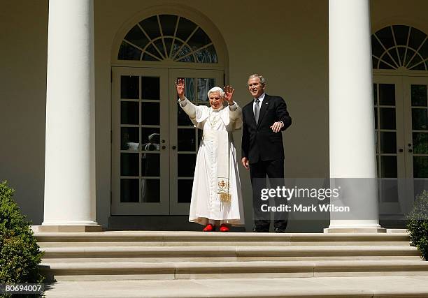 President George W. Bush and Pope Benedict XVI wave from the Colonnade after a arrival ceremony ceremony at the White House, April 16, 2008 in...