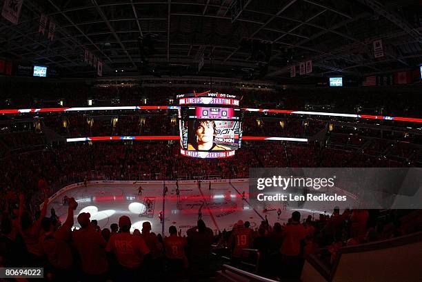 Wide angle view of the arena during the pregame introduction of Alex Ovechkin of the Washington Capitals against the Philadelphia Flyers during game...