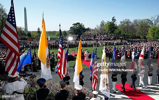 Pope Benedict XVI and U.S. President George W. Bush depart an arrival ceremony at the White House April 16, 2008 in Washington, DC. Today is the...