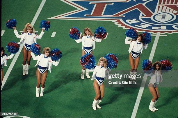 The Buffalo Bills cheerleaders, the "Jills" cheer before their team took on the Washington Redskins in Super Bowl XXVI at the Metrodome on January...