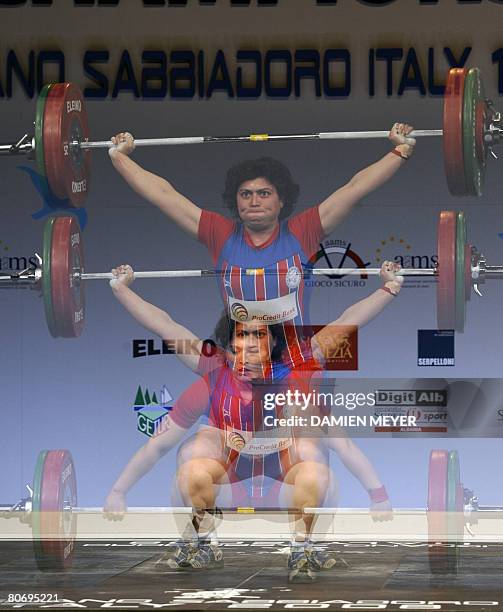 Bronze medalist Bulgarian Slaveyka Ruzhinska competes in women 69 kg category during 2008 european weightlifting championships in Lignano Sabbiadoro...