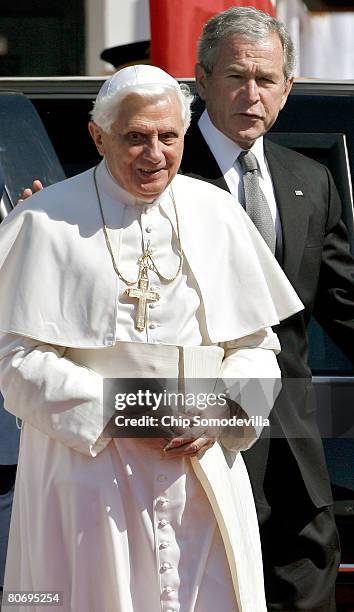 Pope Benedict XVI is greeted by U.S. President George W. Bush for an arrival ceremony on the South Lawn at the White House April 16, 2008 in...