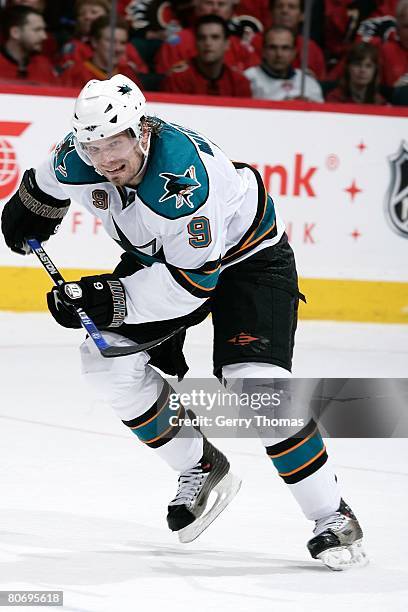 Milan Michalek of the San Jose Sharks skates against the Calgary Flames during the 2008 NHL Stanley Cup Playoffs conference quarter-final series on...