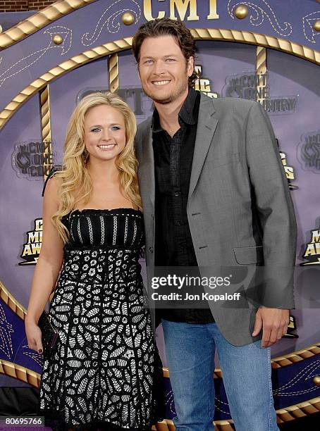 Singer Miranda Lambert and singer Blake Shelton attend the 2008 CMT Music Awards at the Curb Events Center at Belmont University on April 14, 2008 in...