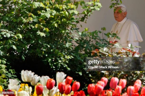 Pope Benedict XVI walks along the Colonnade after an arrival ceremony on the South Lawn of the White House, April 16, 2008 in Washington, DC. The...