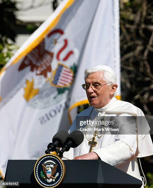 Pope Benedict XVI speaks during his arrival ceremony on the South Lawn of the White House, April 16, 2008 in Washington, DC. The Pope, who is...