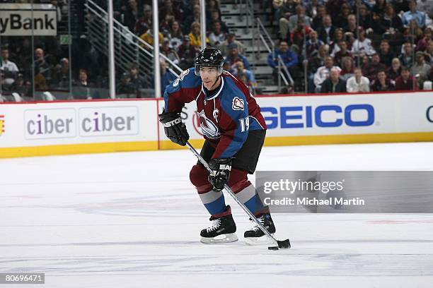 Joe Sakic of the Colorado Avalanche skates against the Minnesota Wild during game four of the Western Conference Quarterfinals of the 2008 NHL...