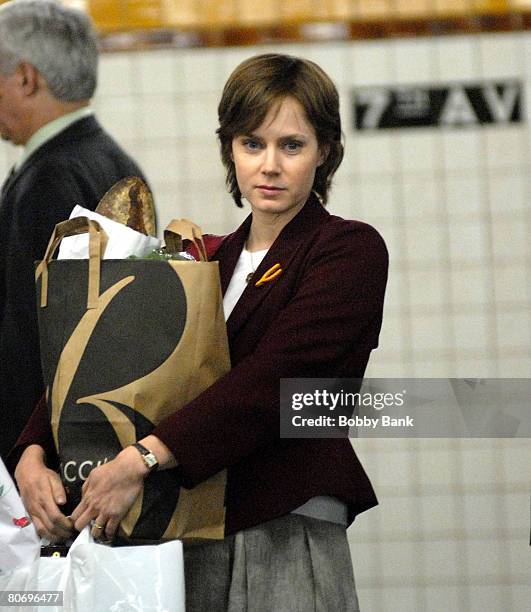 Amy Adams on location for "Julie & Julia" on the streets of Brooklyn on April 15, 2008 in Brooklyn, New York.