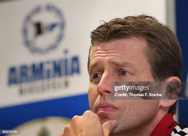 Head coach Michael Skibbe of Leverkusen looks dejected at the press conference after the Bundesliga match between Arminia Bielefeld and Bayer...