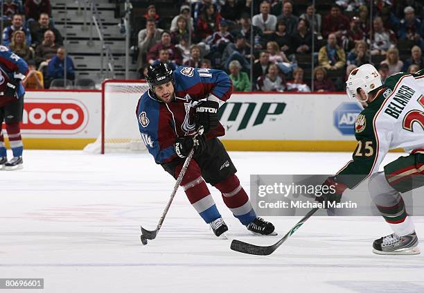 Ian Laperriere of the Colorado Avalanche skates against the Minnesota Wild during game four of the Western Conference Quarterfinals of the 2008 NHL...