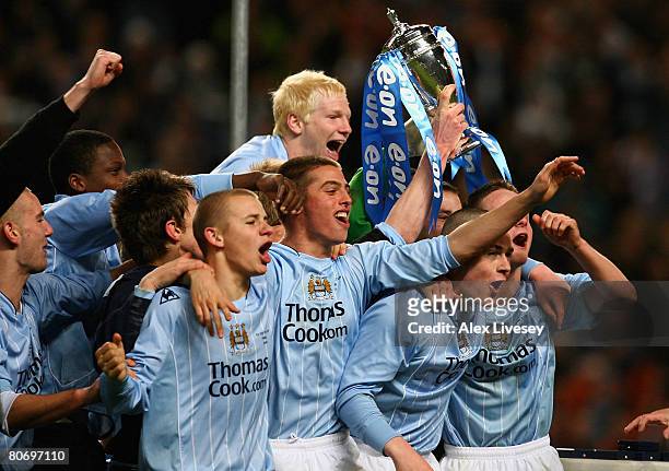 Manchester City players celebrate after victory over Chelsea in the FA Youth Cup Final 2nd Leg match between Manchester City and Chelsea at the City...