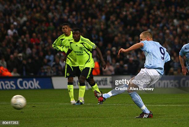 David Ball of Manchester City scores a goal from the penalty spot during the FA Youth Cup Final 2nd Leg match between Manchester City and Chelsea at...