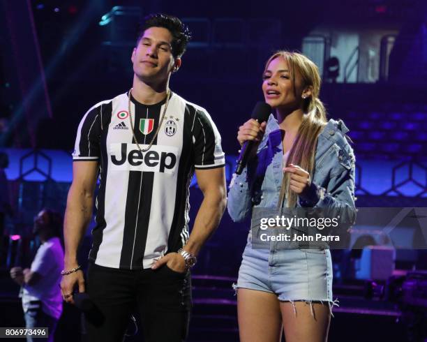 Leslie Grace and Chino Miranda are seen during rehearsal at Univision's "Premios Juventud" 2017 Celebrates The Hottest Musical Artists And Young...