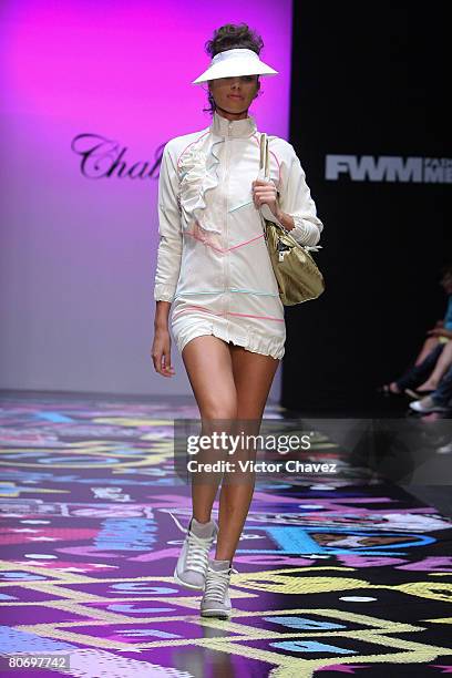 Model walks down the catwalk wearing Chabe by Laura Carrillo during Fashion Week Mexico Autumn/Winter 2008 at Centro Cultural Estacion Indianilla on...