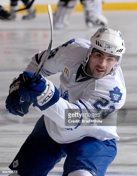 Alex Foster of the Toronto Marlies shoots during warm up prior to facing the San Antonio Rampage April 16, 2008 at the Ricoh Coliseum in Toronto,...