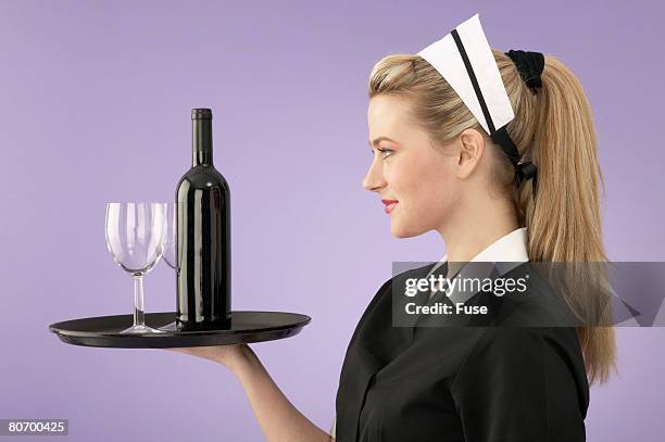 waitress holding tray - platter side bildbanksfoton och bilder