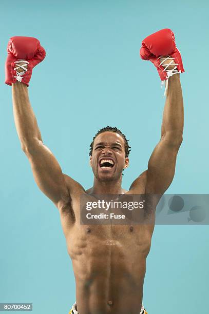 triumphant boxer with arms raised - boxing glove coloured background stock pictures, royalty-free photos & images