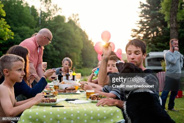 big family barbecue gathering at sunset, summer outdoors. - big family dinner stock pictures, royalty-free photos & images