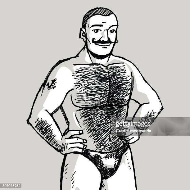 stockillustraties, clipart, cartoons en iconen met muscle man - hairy man