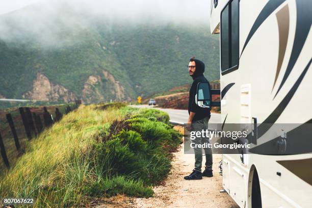 traveling by camper - fog camper stock pictures, royalty-free photos & images