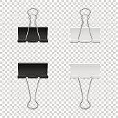 Realistic vector binder clip icon set isolated on transparent backgraund. Design tamplate, mockup in EPS10.