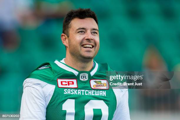 Josh Bartel of the Saskatchewan Roughriders on the field during pregame warmup for the game between the Winnipeg Blue Bombers and Saskatchewan...
