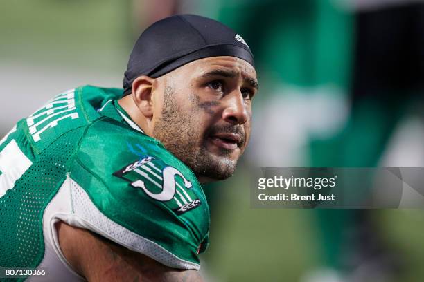 Eddie Steele of the Saskatchewan Roughriders on the sideline during the game between the Winnipeg Blue Bombers and Saskatchewan Roughriders at Mosaic...