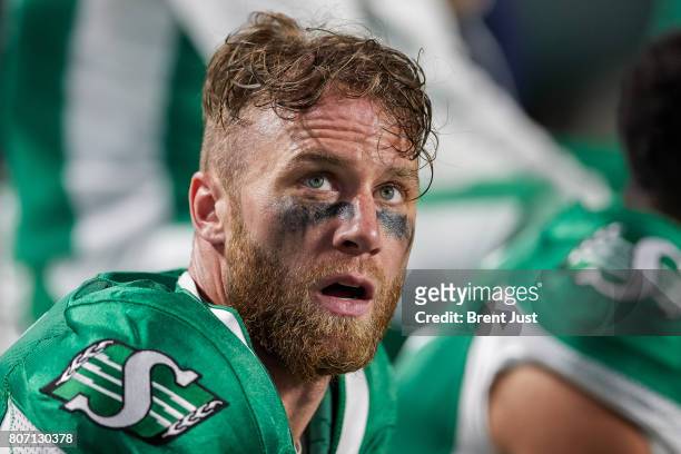 Rob Bagg of the Saskatchewan Roughriders on the sideline during the game between the Winnipeg Blue Bombers and Saskatchewan Roughriders at Mosaic...