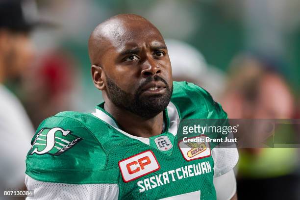Kevin Glenn of the Saskatchewan Roughriders on the sideline during the game between the Winnipeg Blue Bombers and Saskatchewan Roughriders at Mosaic...