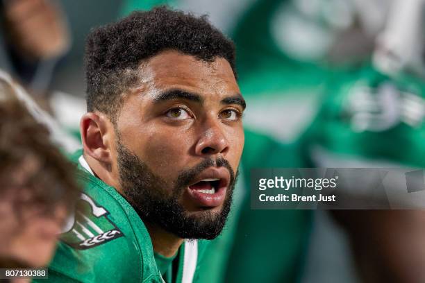 Nic Demski of the Saskatchewan Roughriders on the sideline during the game between the Winnipeg Blue Bombers and Saskatchewan Roughriders at Mosaic...
